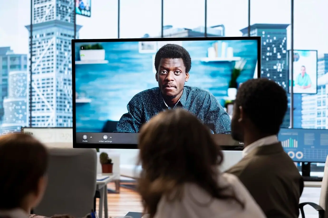 Mitarbeitende nehmen an einer virtuellen Online-Videokonferenz mit dem Geschäftsführer teil.